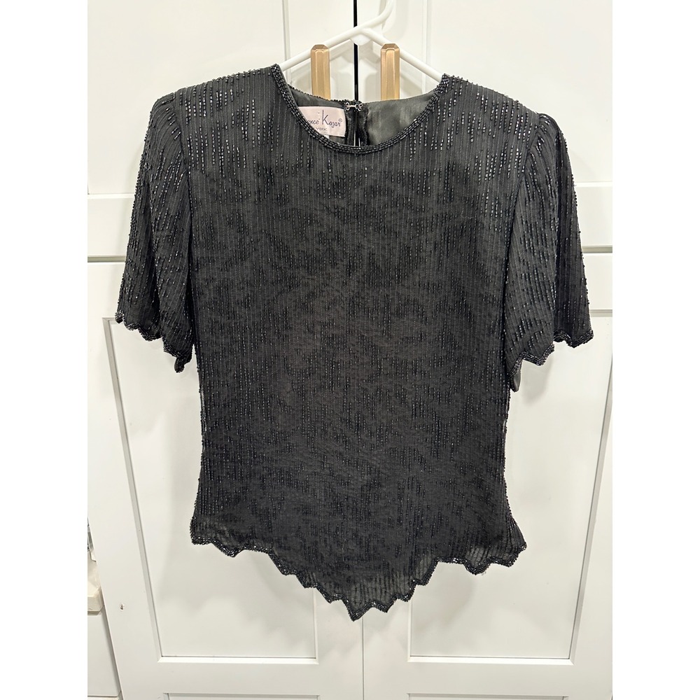 Laurence Kazar‎ Beaded Top Party Cocktail Blouse Short Sleeve Black Size S